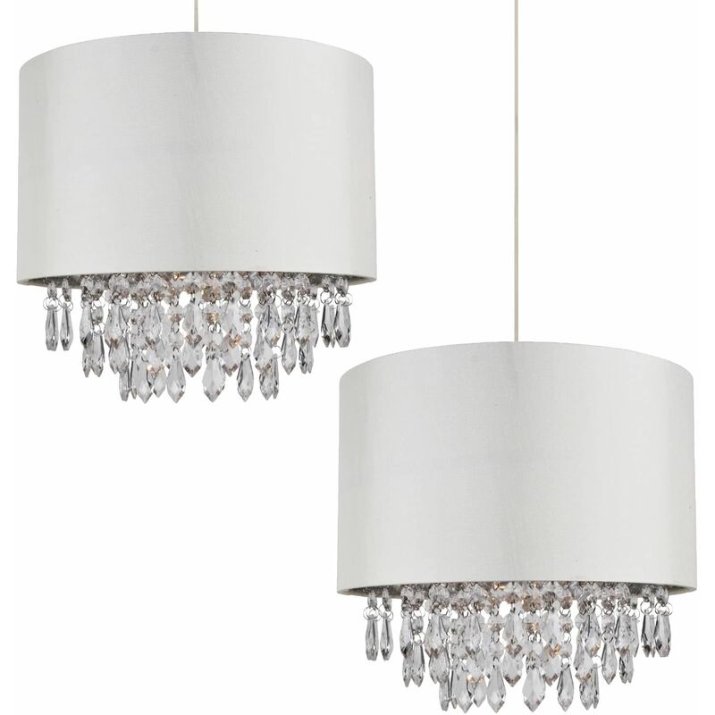First Choice Lighting - Set of 2 300mm Cream Faux Silk Easy Fit Shade with Chrome Inner and Clear Droplets