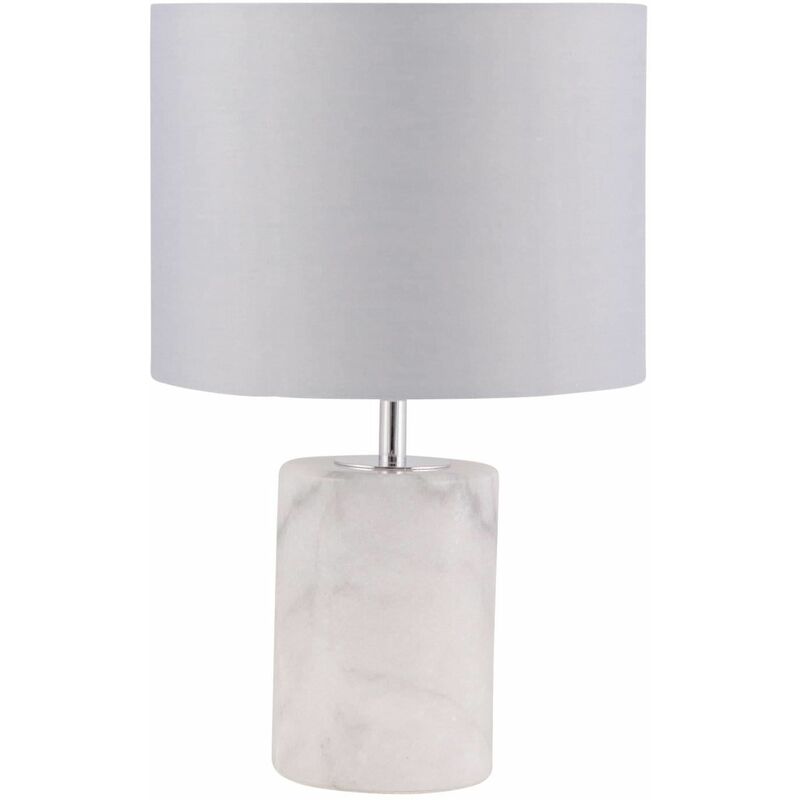 Pair Of Cylinder White Marble Table Lamps With Grey Fabric Shades 57742x2