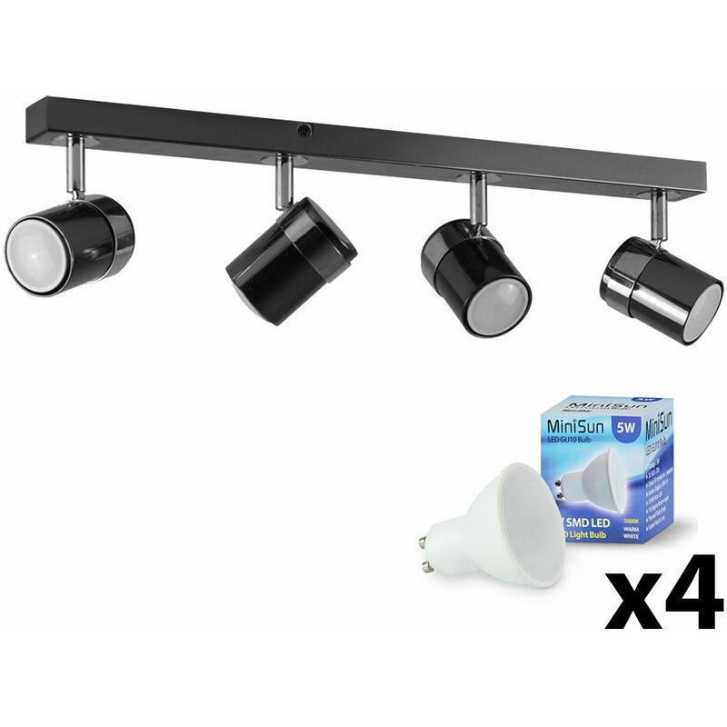 Minisun - Adjustable 4 Way Ceiling Spotlight Fitting + 5W Warm White LED GU10 Bulbs - Black Chrome