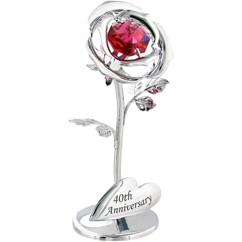 Modern 40th Anniversary Silver Plated Flower with Red Swarovski Crystal Glass by Happy Homewares Silver Plated
