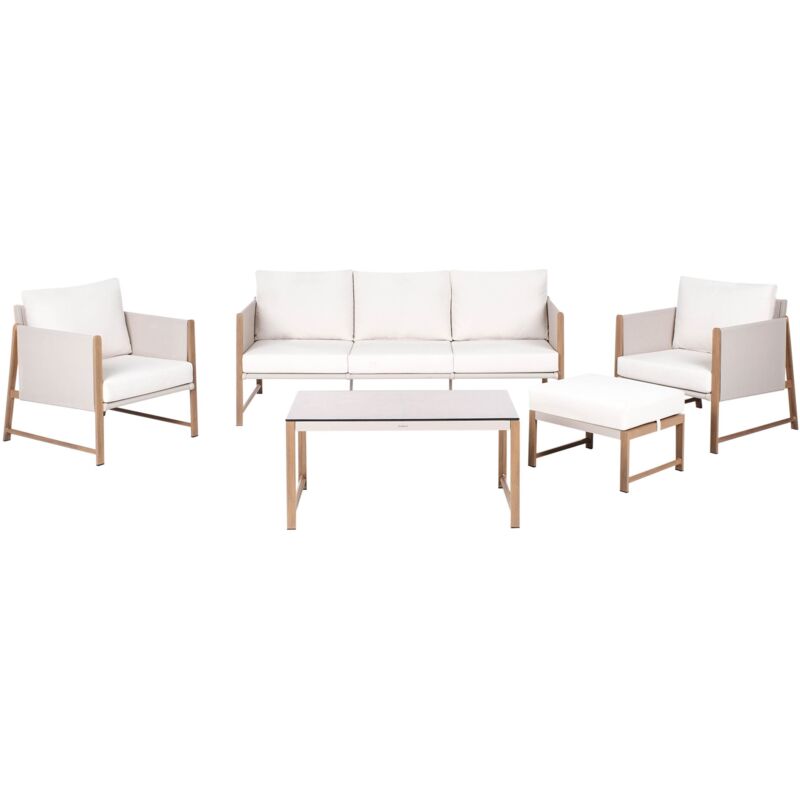 Beliani Garden Lounge Set With Table And Ottoman 5 Seater Nola Metal Light Beige