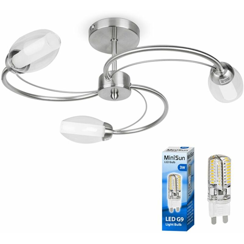 Minisun - Chrome 3 Way Semi Flush Spiral Ceiling Light Glass Shades - Add LED Bulb