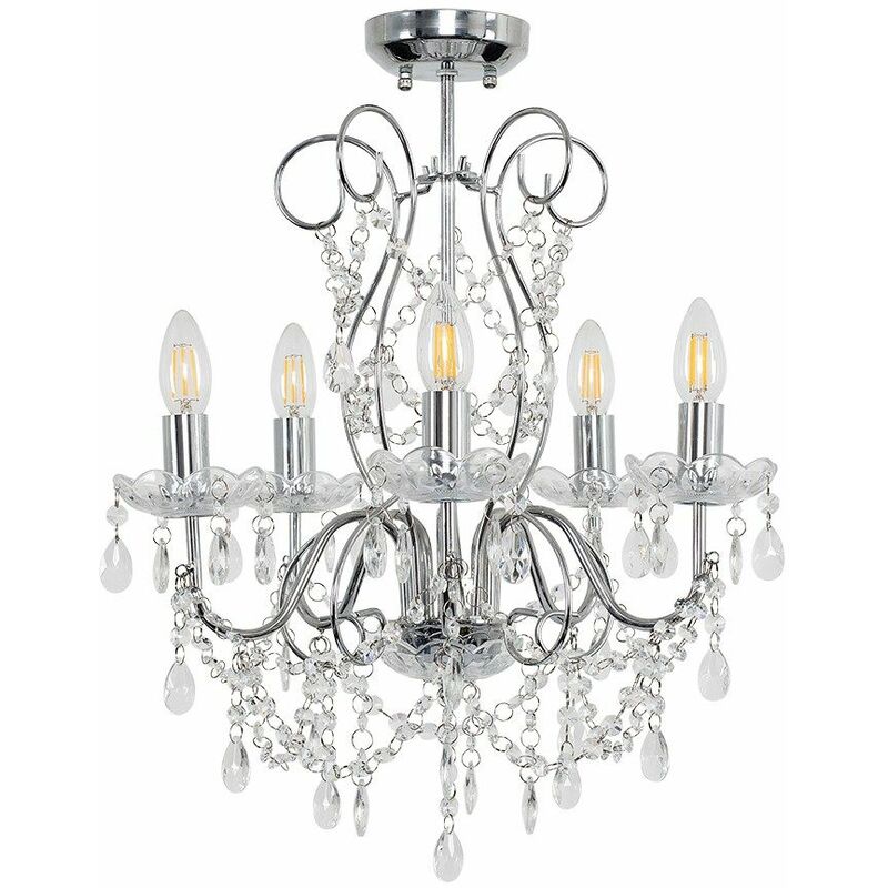 Minisun - 5 Way Chrome Chandelier + Clear K5 Lead Crystal Droplets - No Bulbs