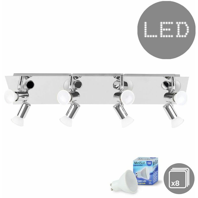 Minisun - Rectangular Plate 8 Way Adjustable GU10 Ceiling Spotlight + 5W Cool White LED GU10 Bulbs - Chrome