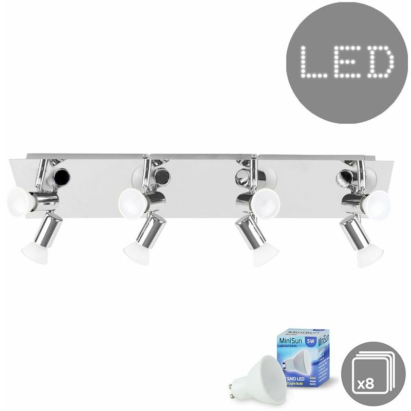 Minisun - Rectangular Plate 8 Way Adjustable GU10 Ceiling Spotlight + 5W Warm White LED GU10 Bulbs - Chrome