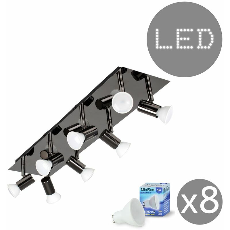 Minisun - Rectangular Plate 8 Way Adjustable GU10 Ceiling Spotlight + 5W Warm White LED GU10 Bulbs - Black Chrome