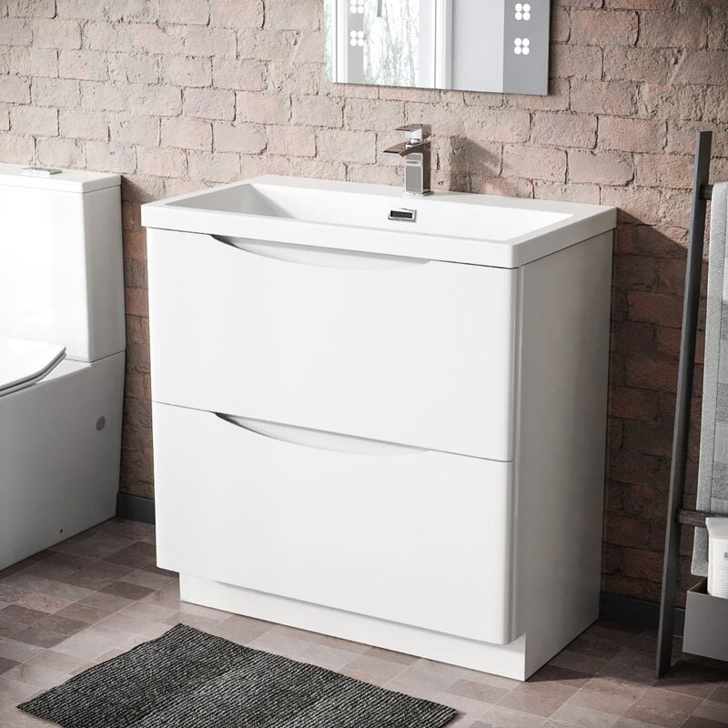 Modern 800mm Freestanding Gloss White Basin Vanity Sink 2 Drawer Merton