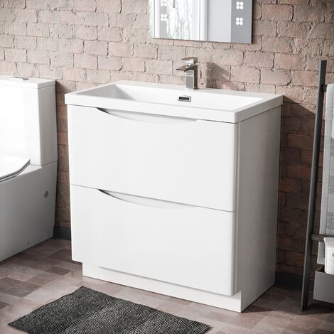 Modern 800mm Freestanding Gloss White Basin Vanity Sink 2 Drawer  Merton