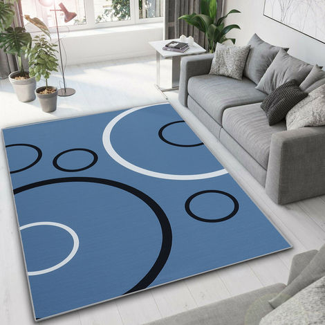 Modern abstract living room rug - Circle pattern - blue + black + white living room bedroom