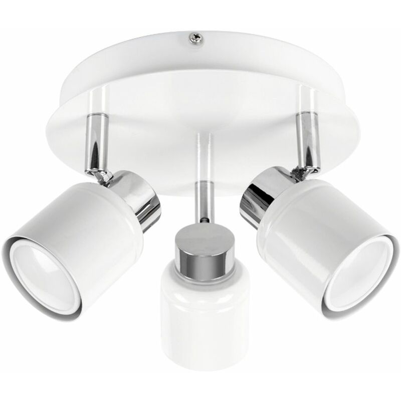 Adjustable 3 Way Round Plate Bathroom Ceiling Spotlight - IP44 Rated + GU10 LED Light Bulbs - White & Chrome