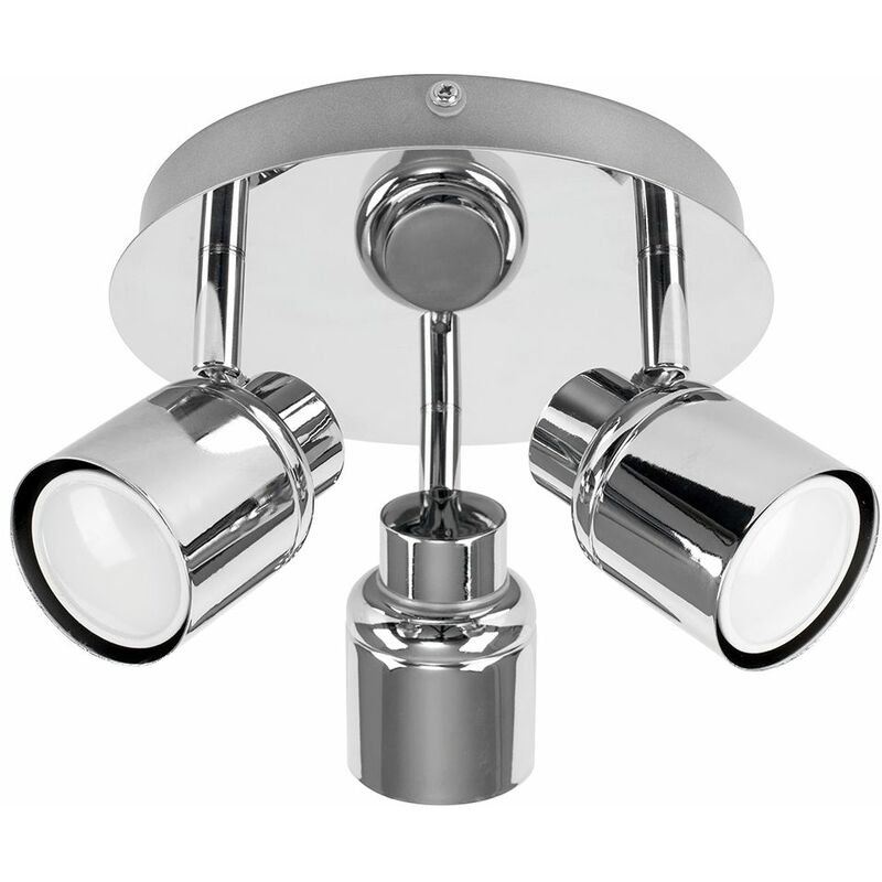 Adjustable 3 Way Round Plate Ceiling Spotlight - IP44 Rated + GU10 LED Bulbs - Chrome