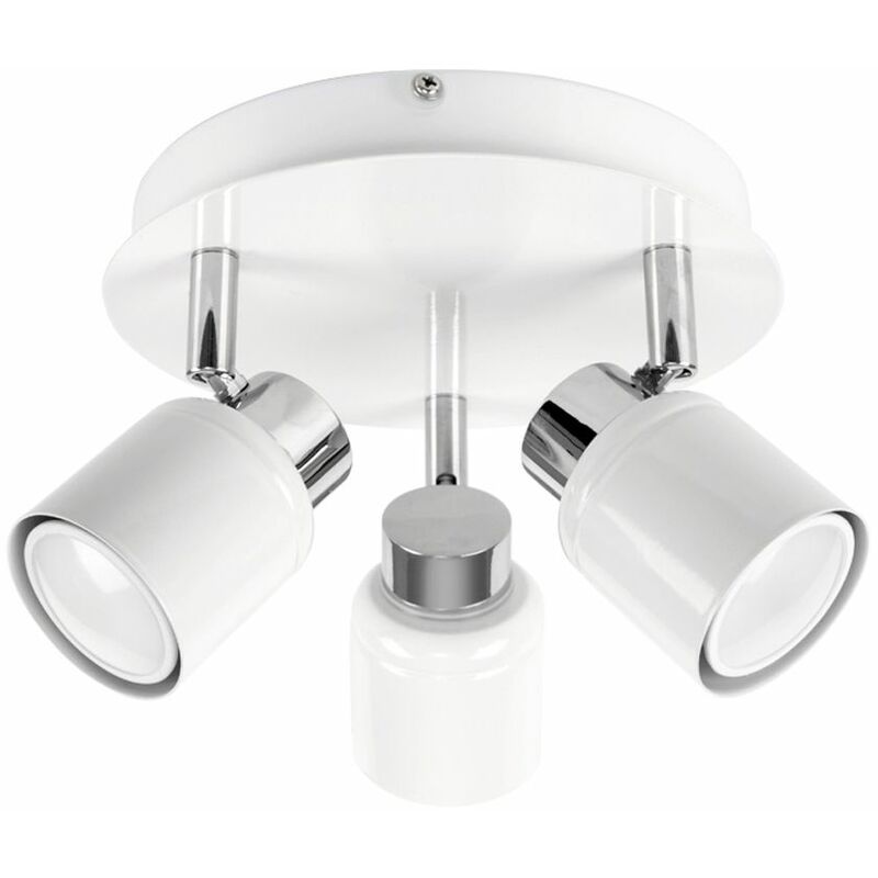Adjustable 3 Way Round Plate Ceiling Spotlight - IP44 Rated + GU10 LED Bulbs - White & Chrome