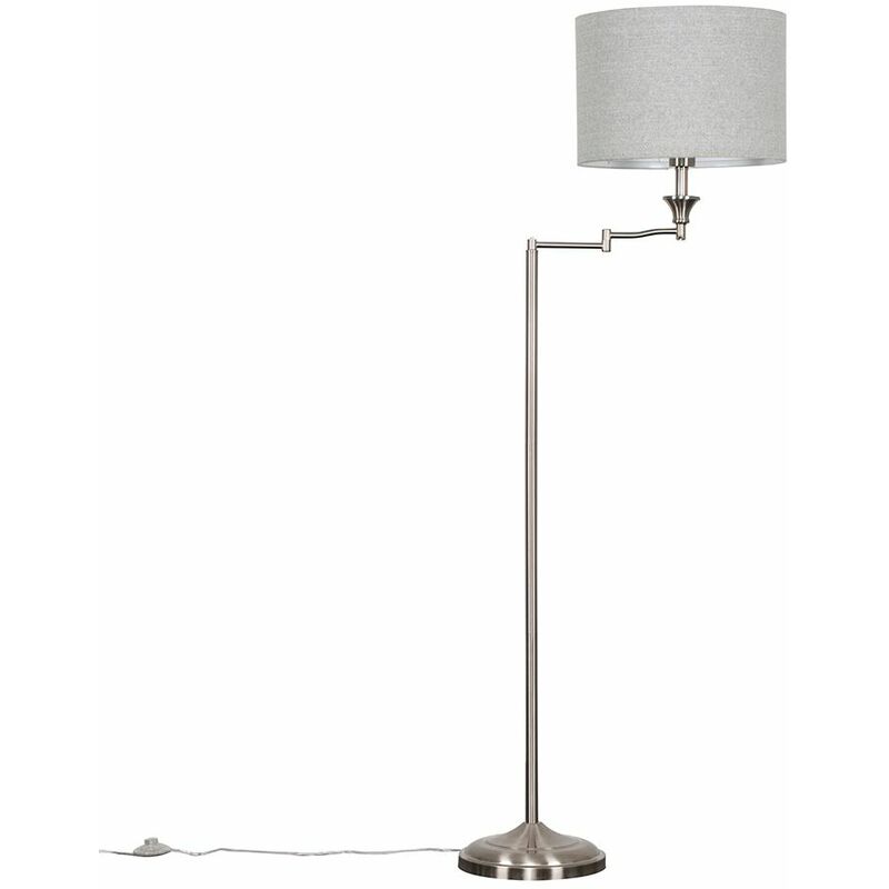 Modern Adjustable Swing Arm Floor Lamp In A Brushed Chrome Finish With A Large Grey Herringbone Cylinder Light Shade