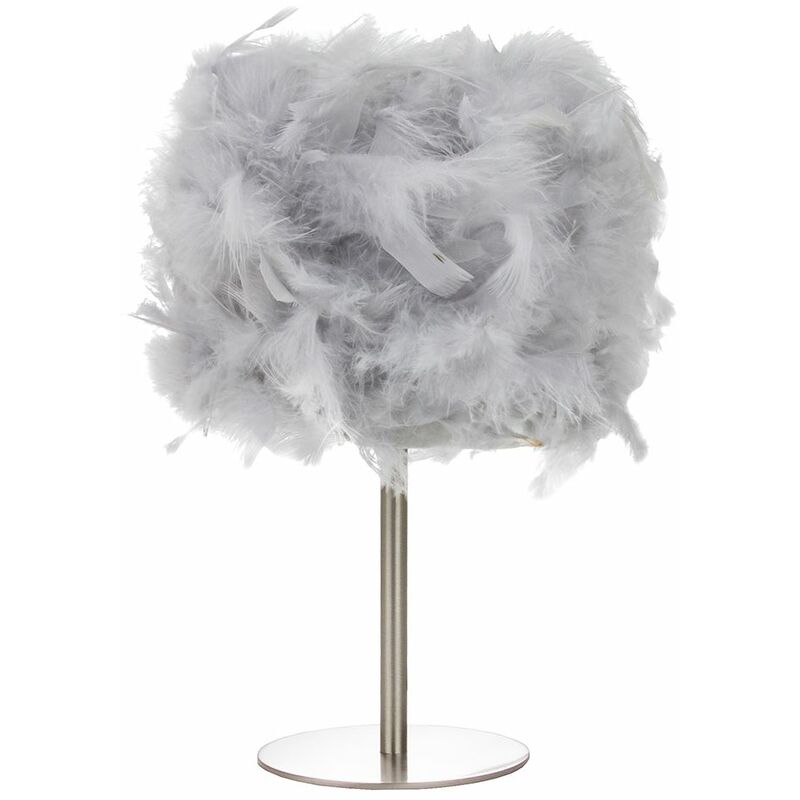 Modern and Chic Real Grey Feather Table Lamp with Satin Nickel Base and Switch by Happy Homewares