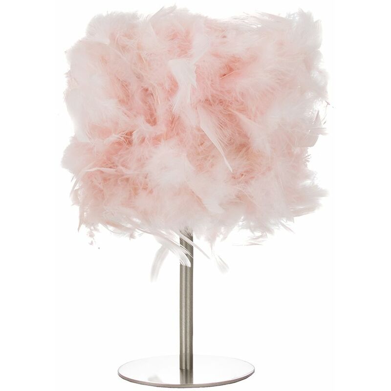 Modern and Chic Real Pink Feather Table Lamp with Satin Nickel Base and Switch by Happy Homewares