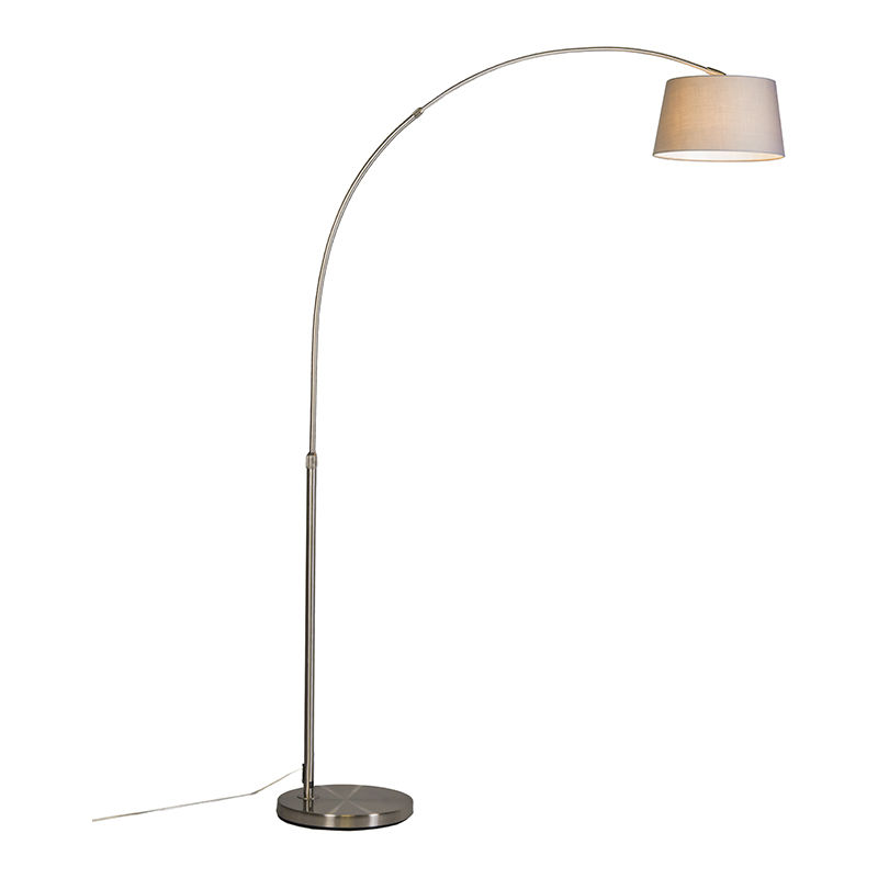 Modern Arc Lamp Steel with Grey Fabric Lampshade - Arc Basic