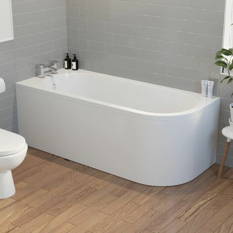 Modern Bathroom 1700mm J Shape Left Hand Bath Front Panel Corner Bathtub Acrylic - White
