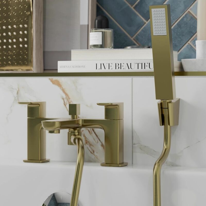 Modern Bathroom Bath Shower Mixer Tap Handset Hose Lever Handle Brushed Brass - Brass