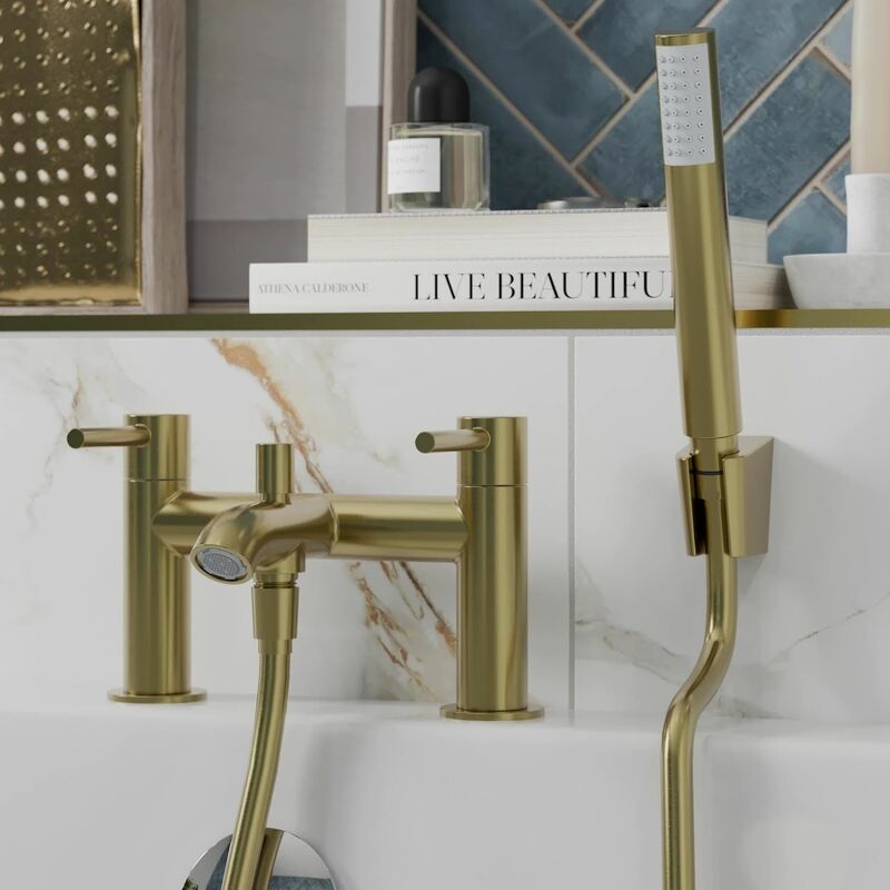 Modern Bathroom Bath Shower Mixer Tap Lever Handle Handset Hose Brushed Brass - Brass