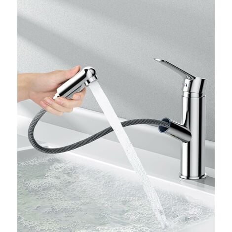 NAXUNNN Modern Bathroom Faucet, Brass Bathroom Mixer Tap with Pull-out Spray, Countertop Basin Faucet, Hot and Cold Water Hand Wash AvailableAeratore