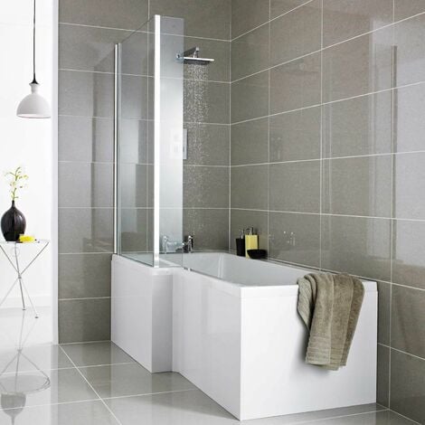 Modern Bathroom L Shaped Shower Bath Front Side Panel White Gloss MDF 1600mm