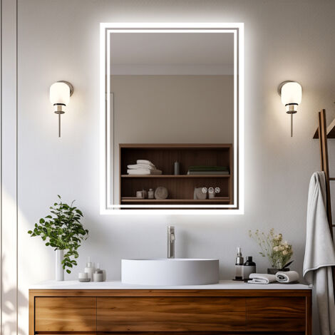 Modern Bathroom Mirror Illuminated LED Light Makeup Mirror with Sensor Touch control Warm White Light, 700 x 900mm
