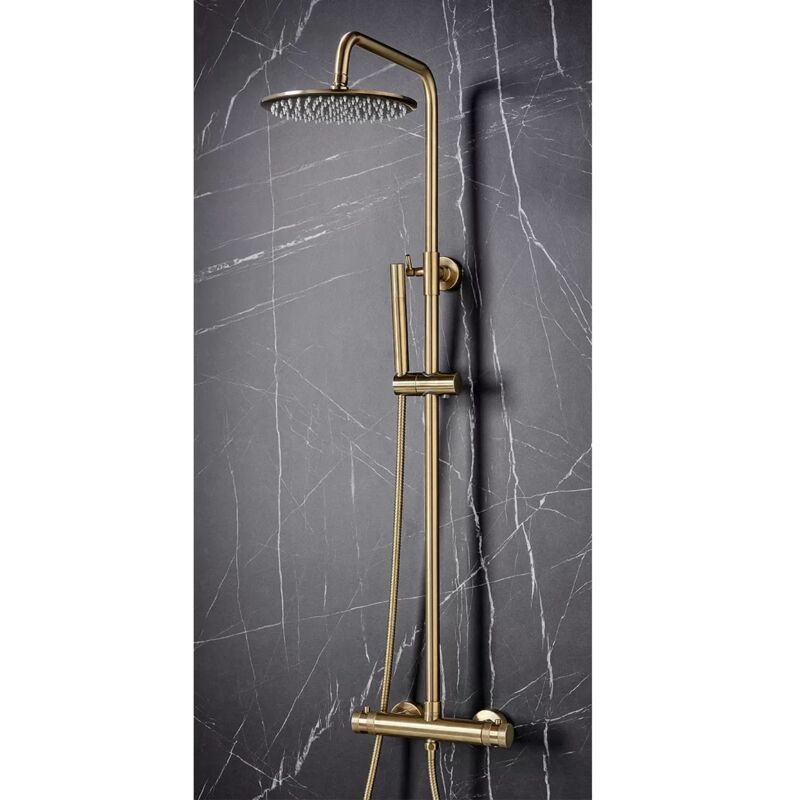 Core Brushed Brass Thermostatic Round Rigid Riser Shower Valve Two Heads