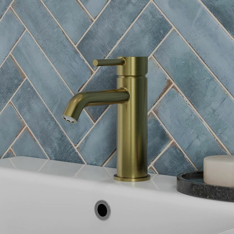 Modern Bathroom Mono Basin Sink Mixer Tap Curved Spout Lever Brushed Brass