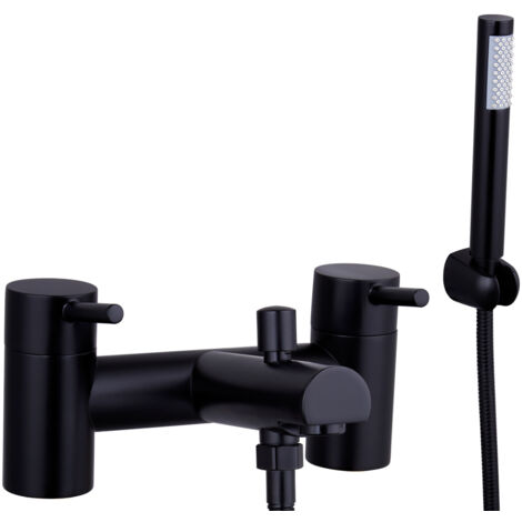 Modern Bathroom Round Minimalist Deck Mounted Bath Shower Mixer Tap with Kit - Black