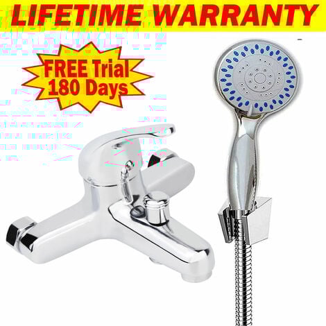 Modern Bathroom Shower Mixer Taps with Shower Head Chrome Single Lever Deck Mount Monobloc Bathroom Tub Filler Taps Solid Brass Free UK Standard Fitting Included