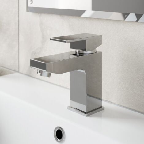 Modern Bathroom Square Mono Basin Mixer Tap Waste Chrome - Silver