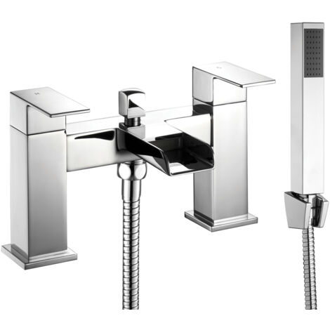 Modern Bathroom Square Waterfall Deck Mounted Bath Shower Mixer Tap with Kit - Chrome