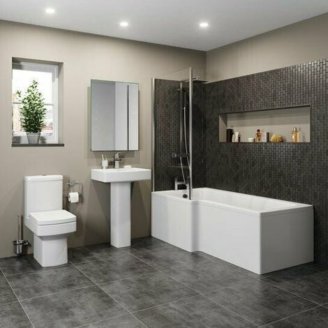 Modern Bathroom Suite 1600mm LH L Shaped Bath Screen Toilet Basin & Pedestal - White