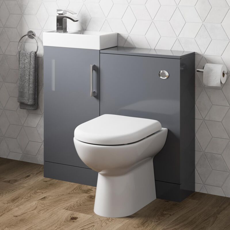 Modern Bathroom Toilet & Basin Sink Vanity Unit 900mm Gloss Grey