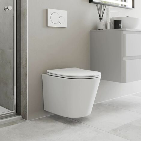Modern Bathroom Wall Hung Rimless Toilet Pan Soft Close Seat Matt White