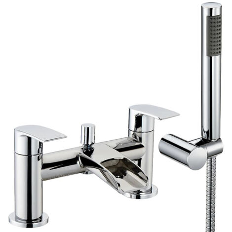 Modern Bathroom Waterfall Spout Deck Mounted Bath Shower Mixer Tap and Kit - Chrome