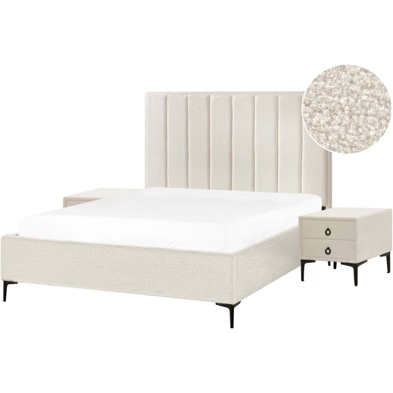 Beliani - Modern Bedroom Set Eu King Size 5ft3 Bed Bedside Tables Off-white Boucle Sezanne
