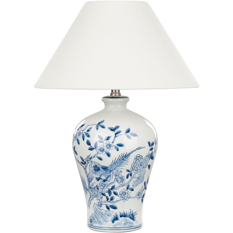 Modern Bedside Table Lamp with Fabric Linen Shade Drum Shape Porcelain Base White and Blue Magros