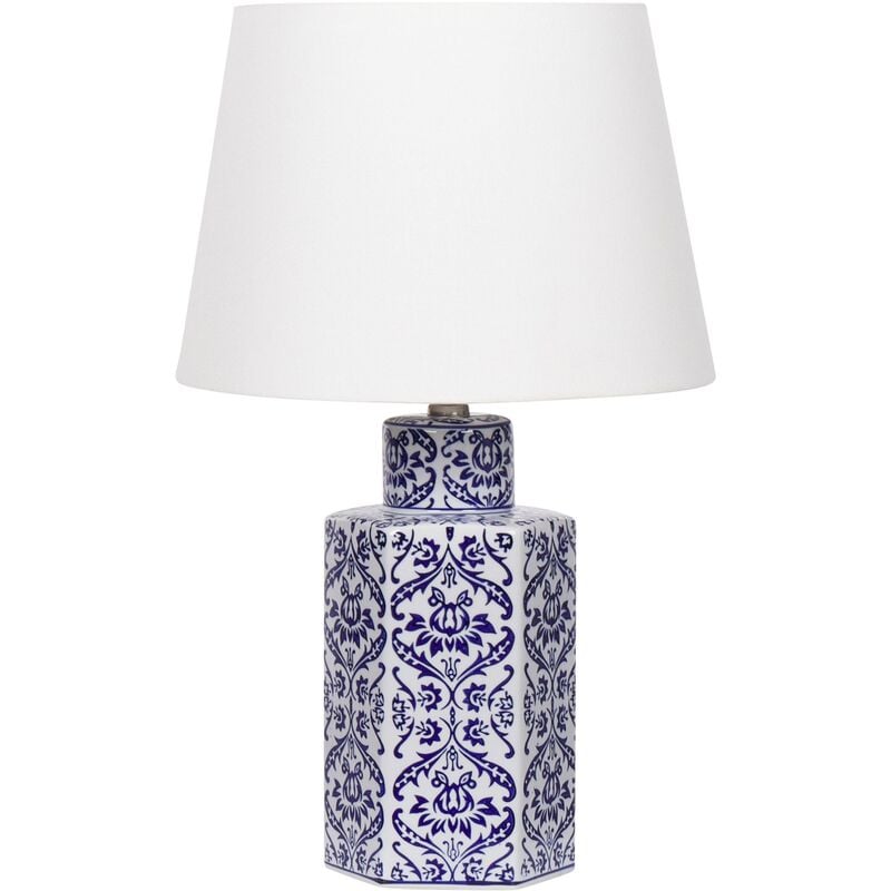 Modern Bedside Table Lamp with Fabric Linen Shade Drum Shape Porcelain Base White and Blue Marcelin