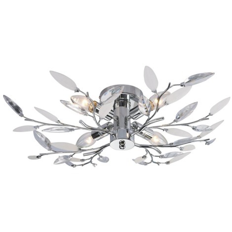 Modern Birch Semi Flush Ceiling Light with Clear & White Leaves by Happy Homewares - Chrome