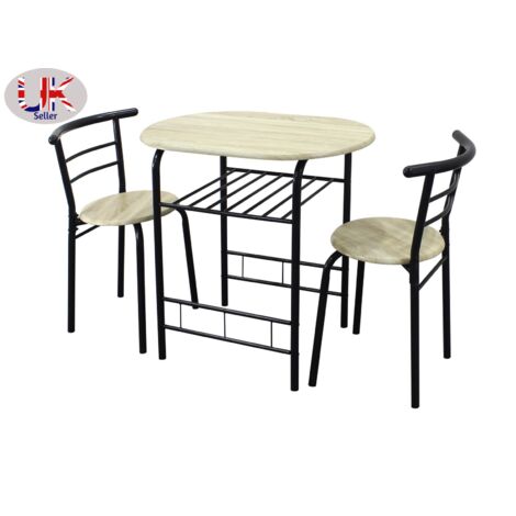 Modern Black And Oak Dining Table and 2 Chairs Set Metal Frame Kitchen