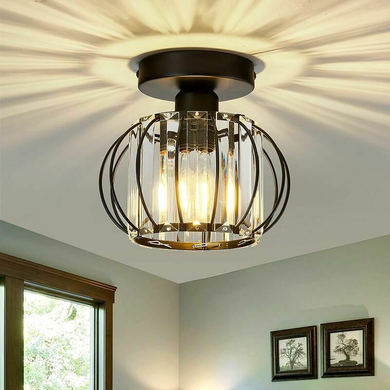 Hoopzi - Modern Black Crystal Chandelier, Mini - Semi - Flush Mount Metal Ceiling Lamp, Hallway, Kitchen, Bedroom, Dining Room, Laundry, led Ceiling