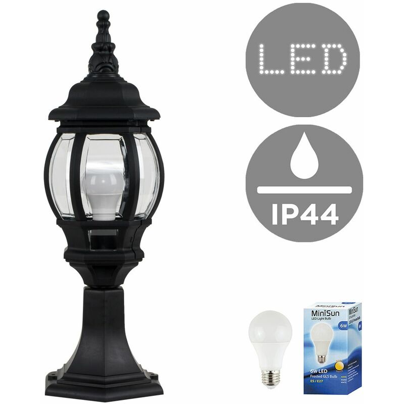 Minisun - Black Outdoor Garden Lantern Lamp Post Light IP44 + 6W LED Es E27 Bulb