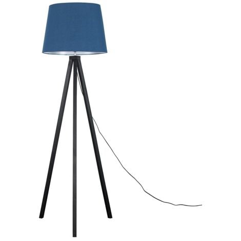 Modern Black Wood Tripod Design Floor Lamp With Navy Blue Shade