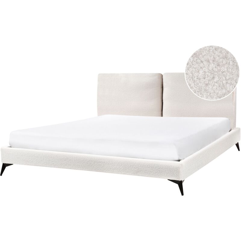 Beliani Modern Boucle Upholstered Eu Super King Size Bed Frame 6ft Off White Slatted Base Melle