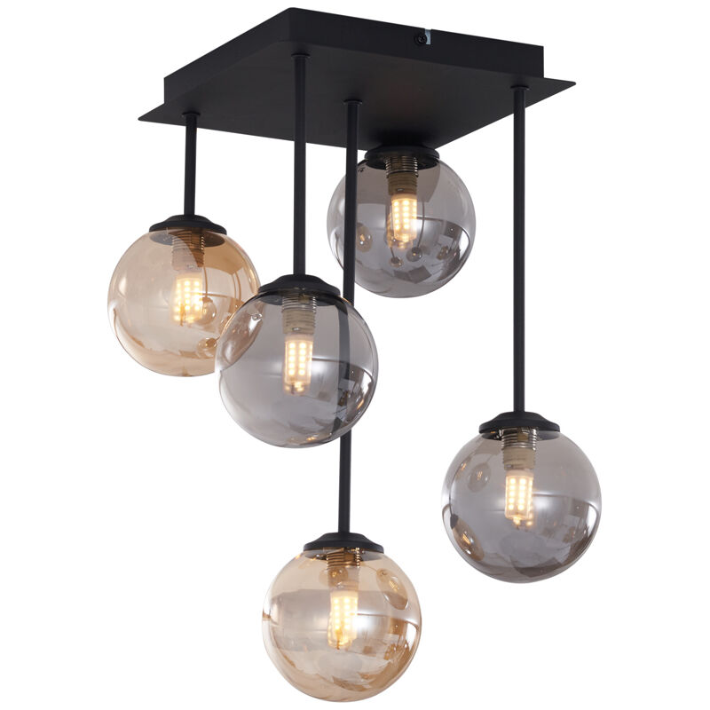 Qazqa Modern Ceiling Light Black With Amber And Smoke Glass 5-lights - Athens