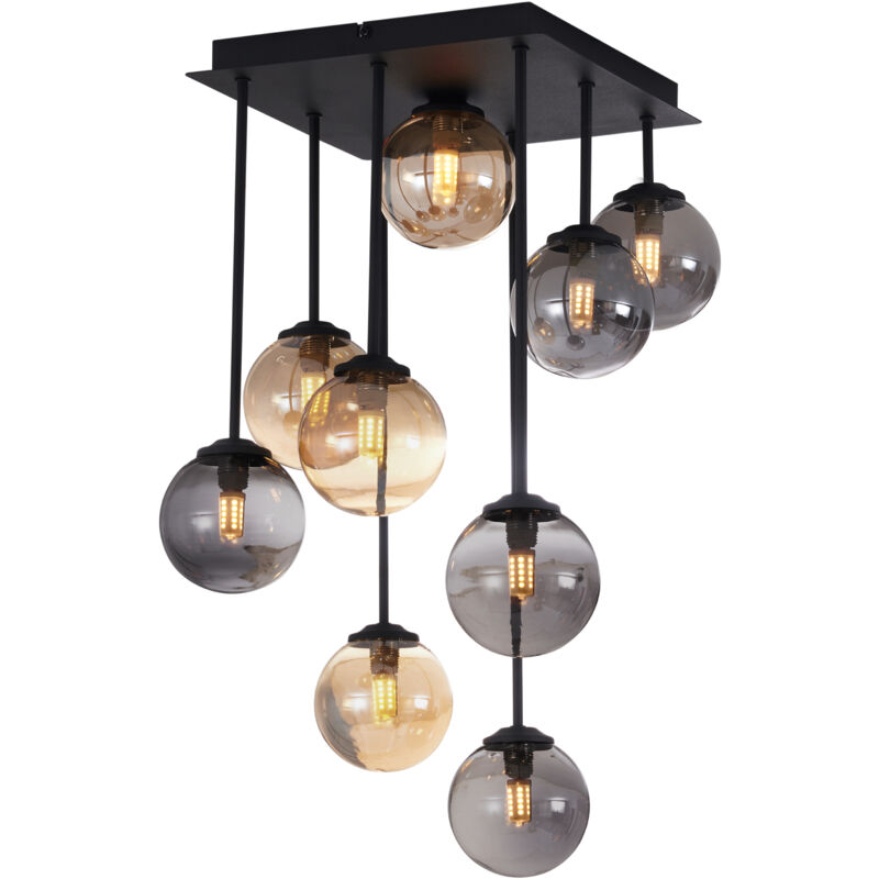 Qazqa - Modern Ceiling Light Black With Amber And Smoke Glass 9-lights - Athens
