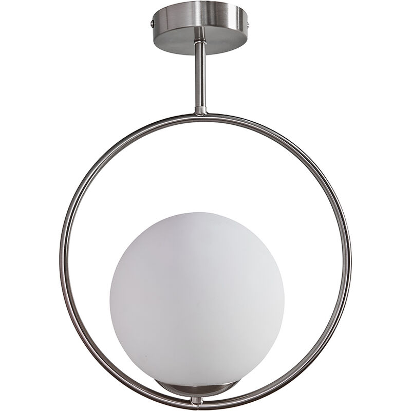 Modern Ceiling Light Fitting with Opal Glass Shade - Brushed Chrome - No Bulb