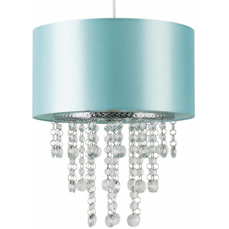 Ceiling Pendant Light Shade with Acrylic Jewel Droplets - Duck Egg Blue - No Bulb
