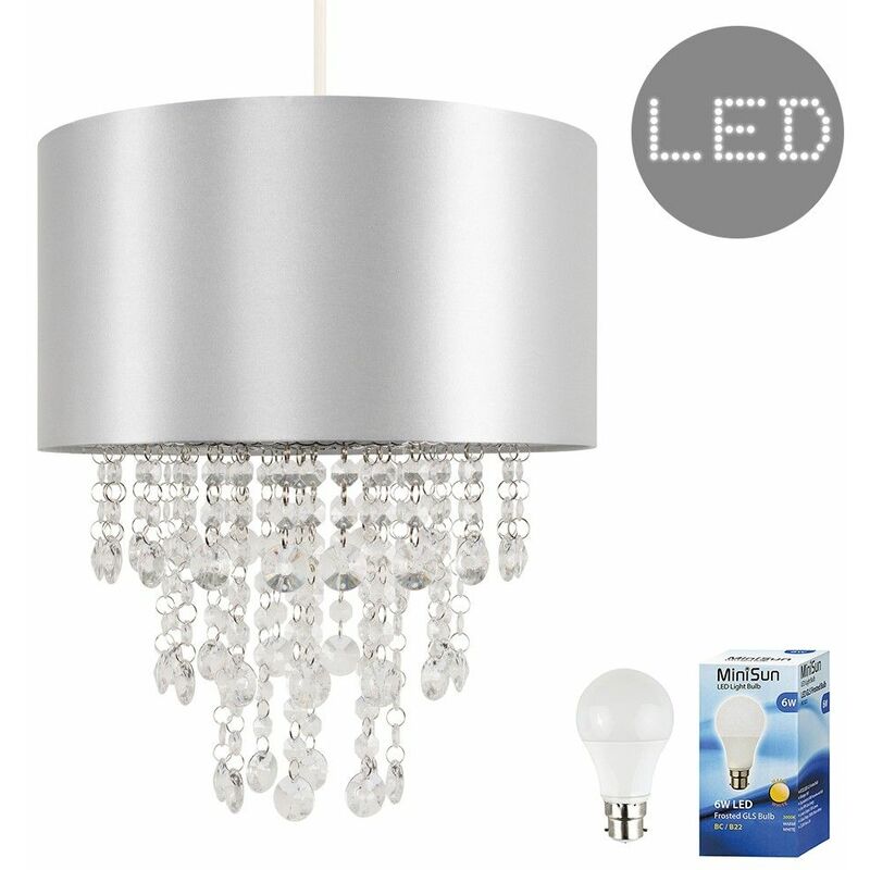 Minisun - Ceiling Pendant Light Shade with Acrylic Jewel Droplets - Grey - Including LED Bulb